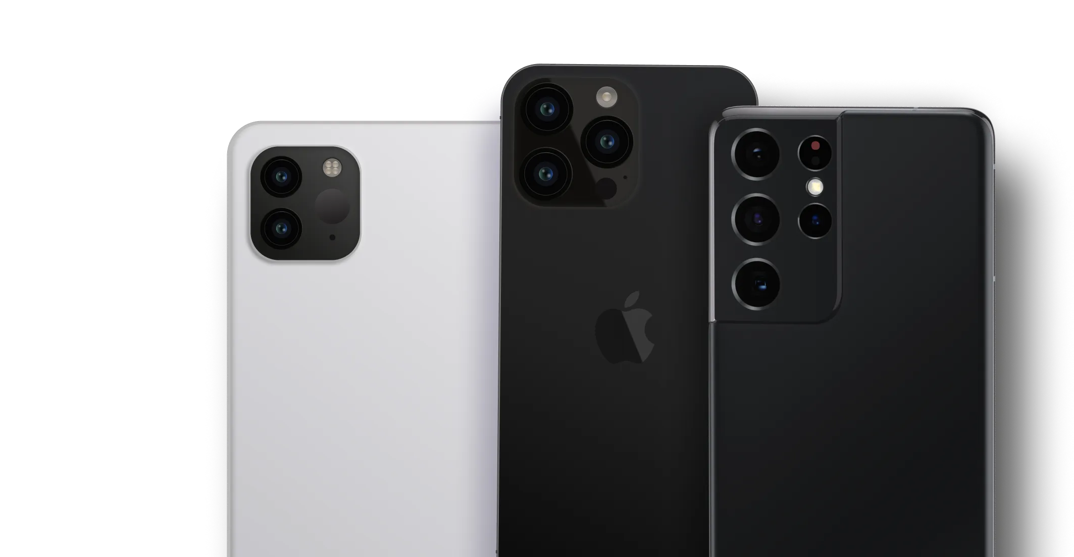 Three smartphones showing rear cameras: two black Apple iPhones with triple and dual cameras, and one black Android phone with multiple cameras.